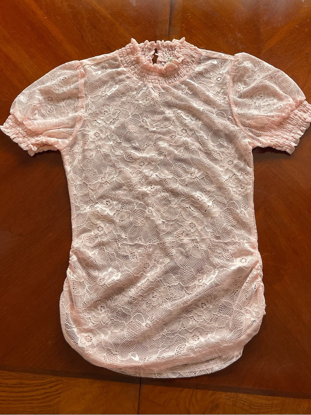Women's Pink Lace Puff-Sleeve Top - Elegant High Neck